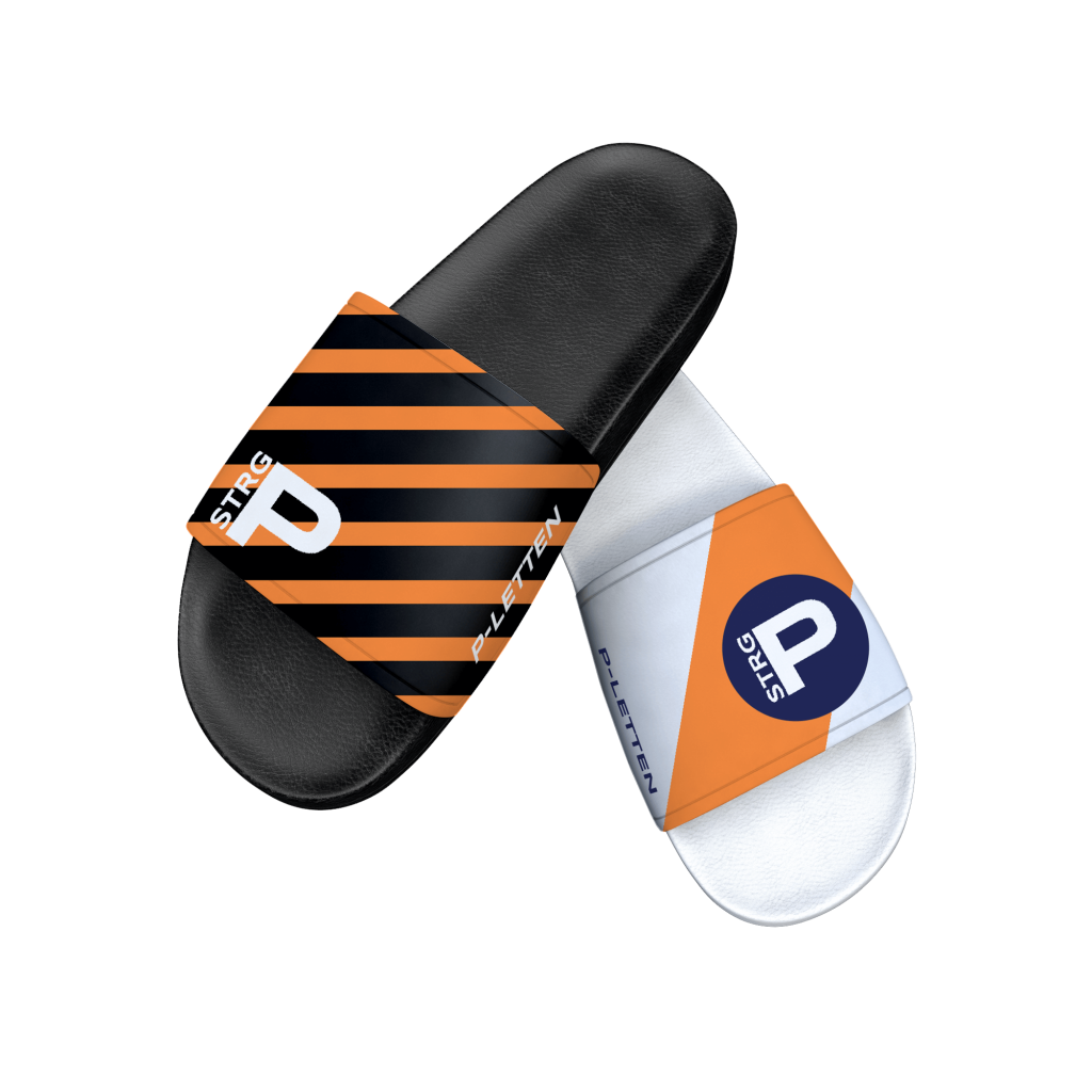 schwarz weiße schlappen mit steuerung p logo